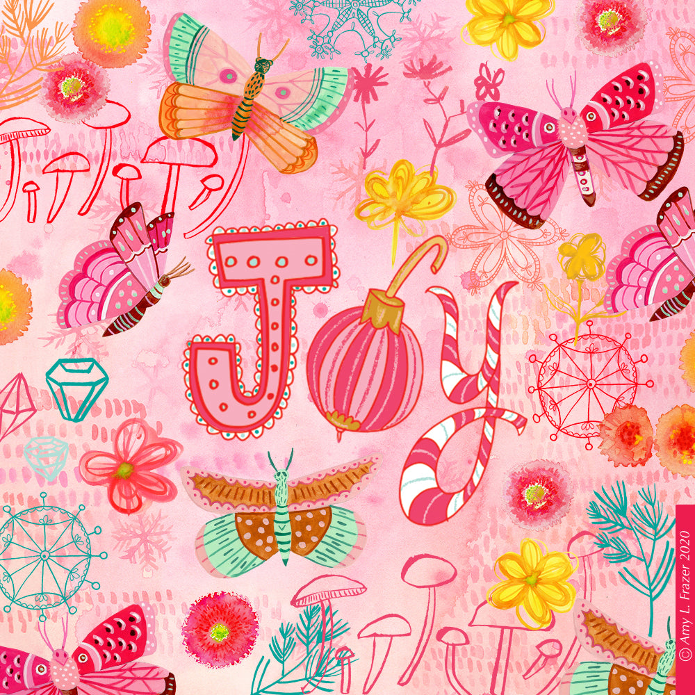 Pink watercolor background with butterflies, mushrooms, diamonds, snowflakes, flowers, Joy hand lettering