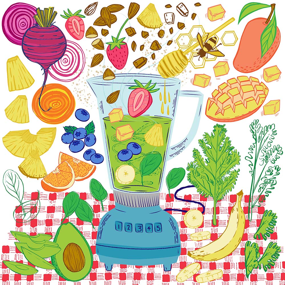 Illustration of a blender with smoothie ingredients- strawberry, blueberry, avocado, pineapple, beets, mango, kale, spinach, honey, almonds, oranges, banana on a red checkered background