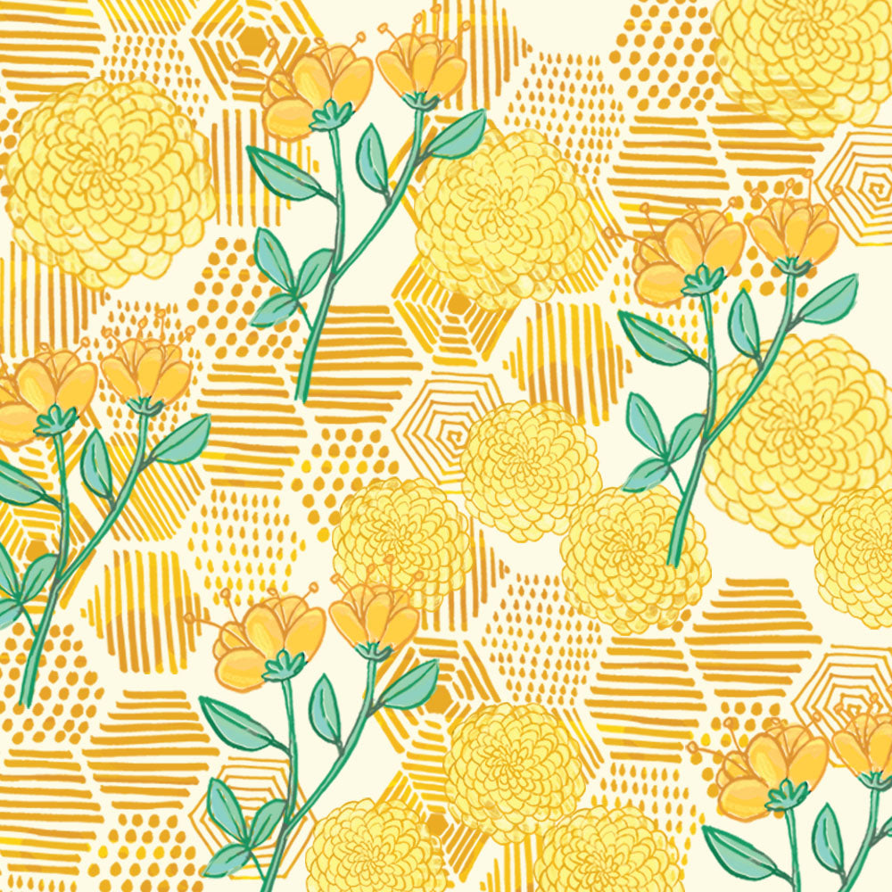 yellow hexagon pattern with yellow flowers and green leaves. Surface pattern design