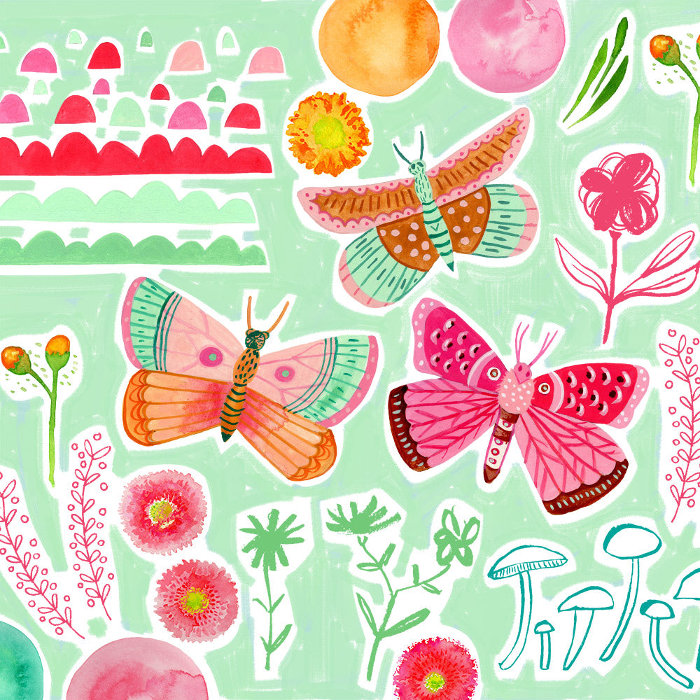 Mint green background with pink butterflies, orange flowers, graphic elements, mushrooms, flowers, collaged together.
