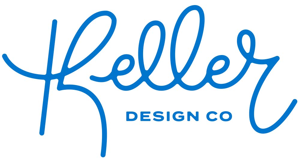 Keller Design Co Logo in bright blue, Keller is a hand drawn script font above the Design Co in all caps