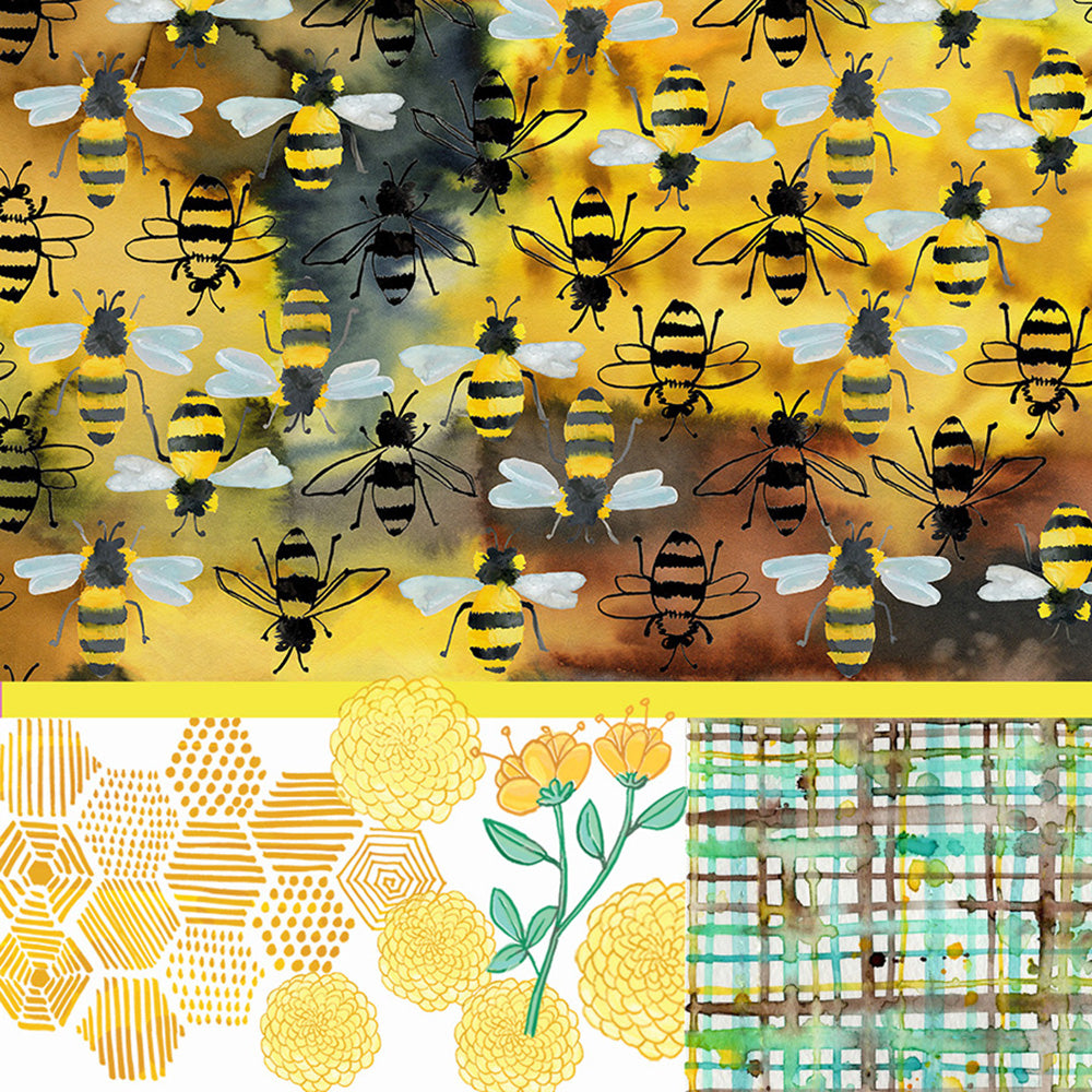Collage of bee illustration on a watercolor brown yellow black background. Yellow Flower illustration, hexagon shaped patterns. Blue brown plaid watercolor painting.