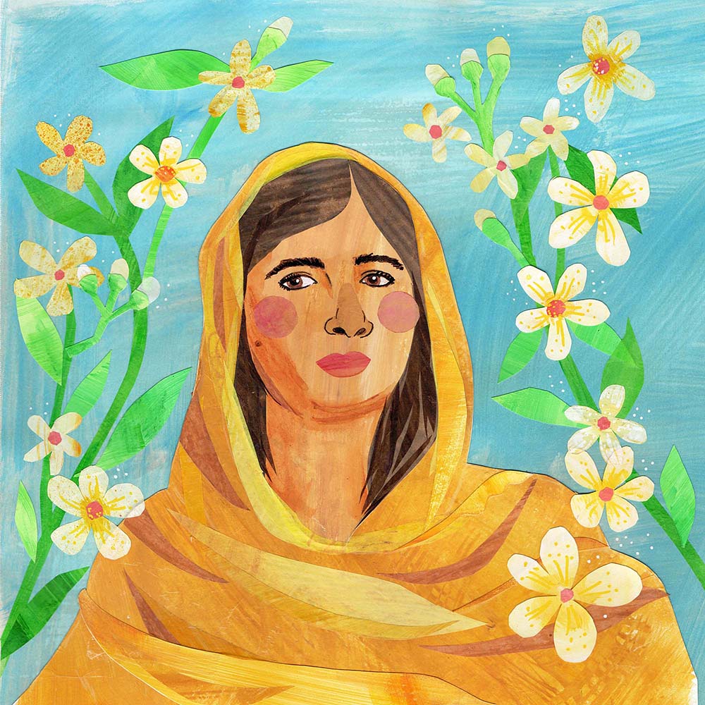 Paper collage image of Malala Yousafzai with Jasmine flowers and green vines on a blue painted background. She is wearing a yellow garment, head wrap.