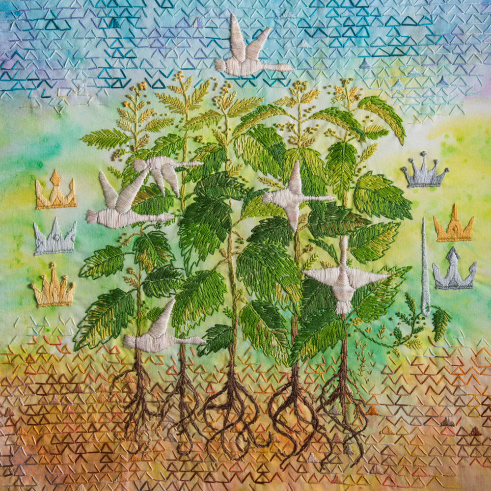 Embroidery of stinging nettle plan with 6 swans and 6 gold and silver crowns on a watercolor painted background. Cotton fabric with cotton embroidery stitches. 