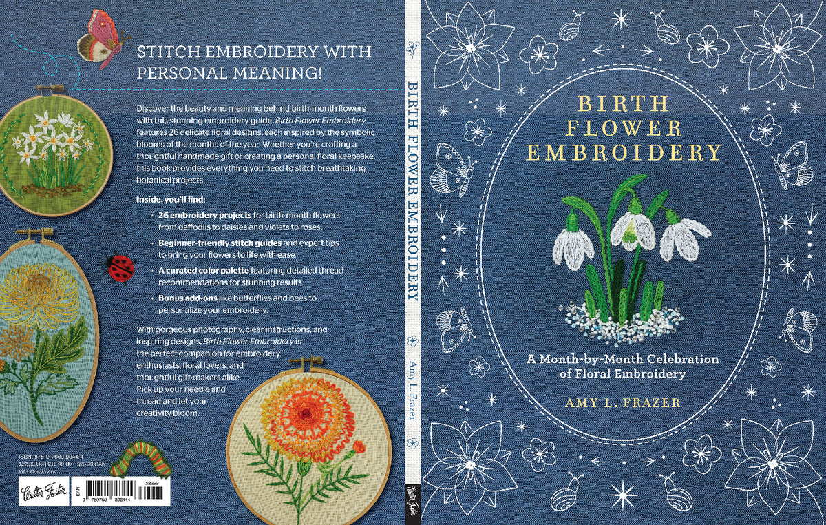 Book cover of 'Birth Flower Embroidery' with floral embroidery designs and text.