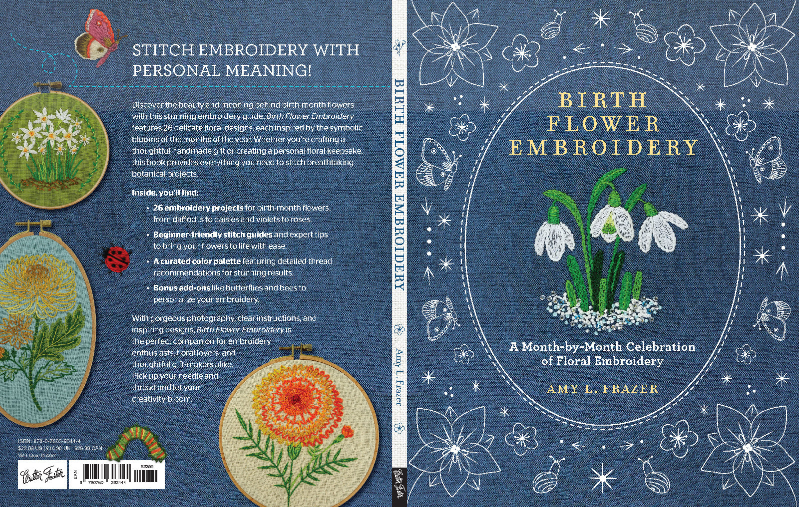 Book cover of 'Birth Flower Embroidery' with floral design and text on a blue background