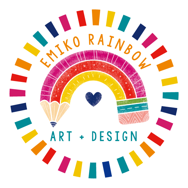 Emiko Rainbow Art and Design colorful logo. Pencil in rainbow colors