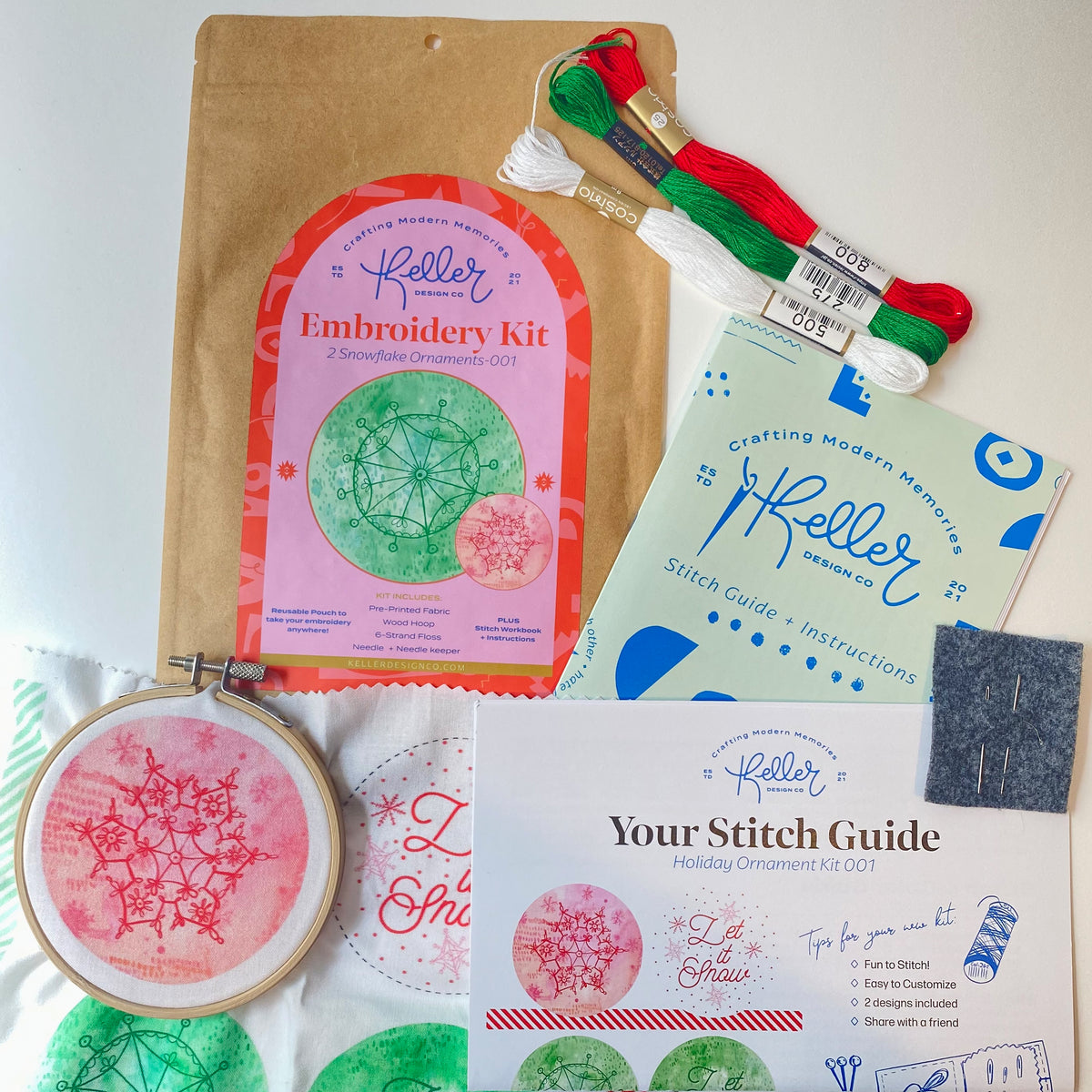 Snowflake Ornament Embroidery Kit-Red/Green (Small)