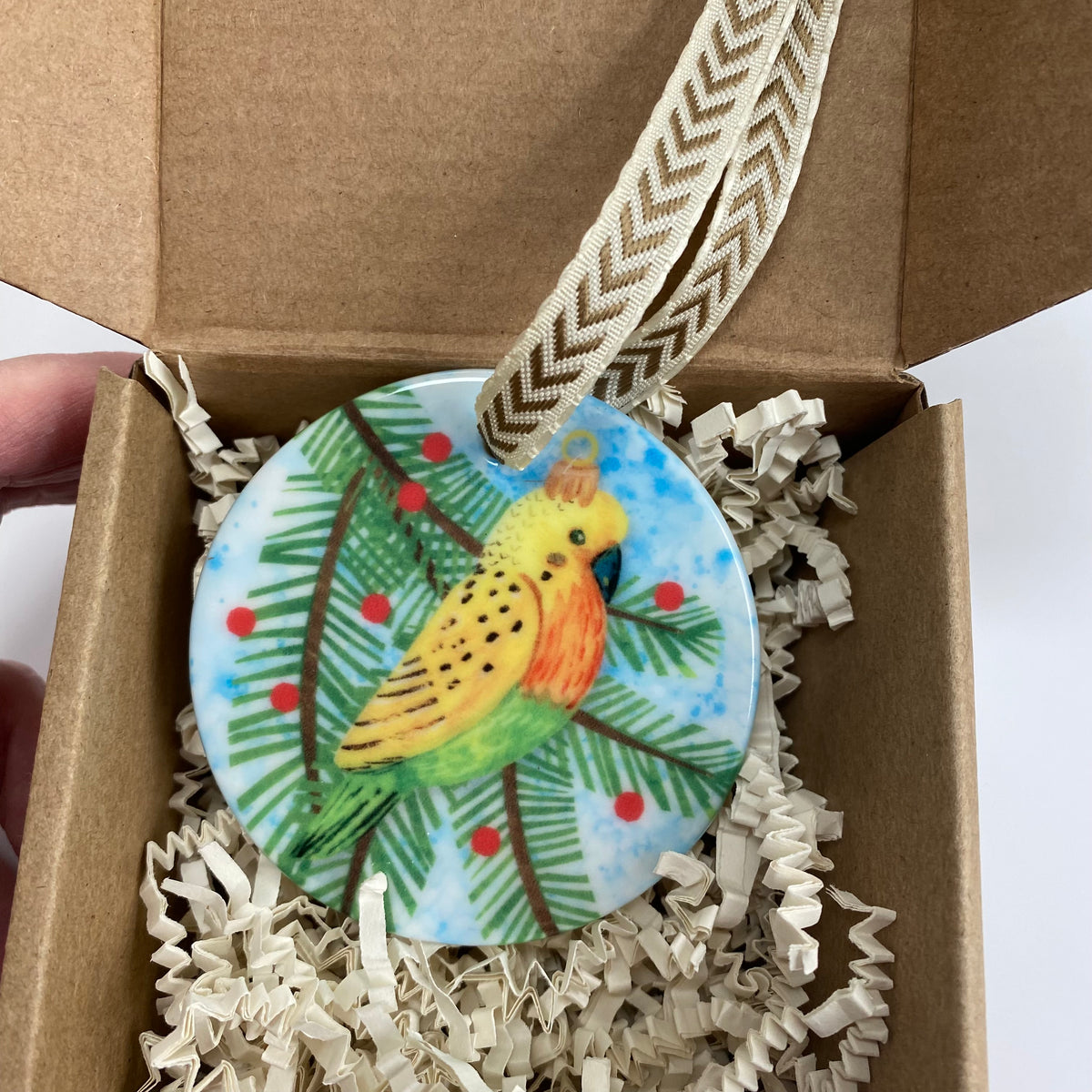KRAFT BOX-Ceramic Ornament with Parakeet Print