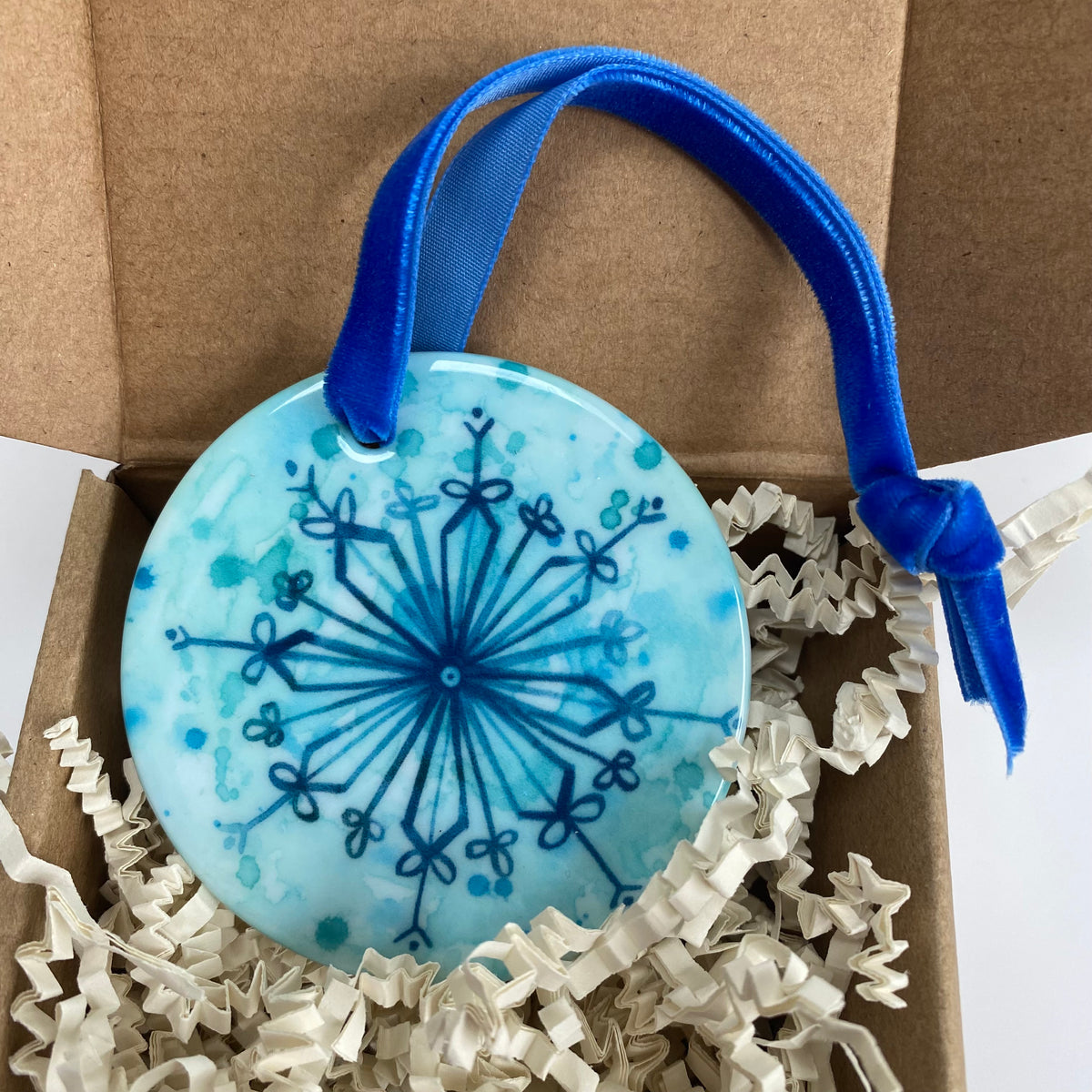KRAFT BOX-Ceramic Ornament with Turquoise Blue Snowflake Print
