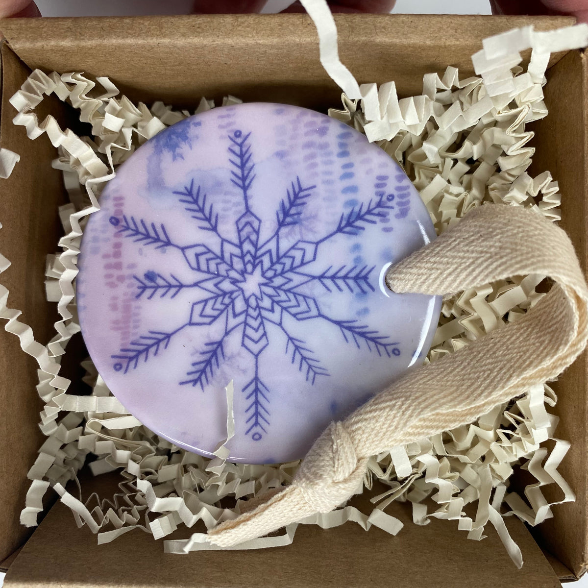 KRAFT BOX-Ceramic Ornament with Purple Snowflake Print