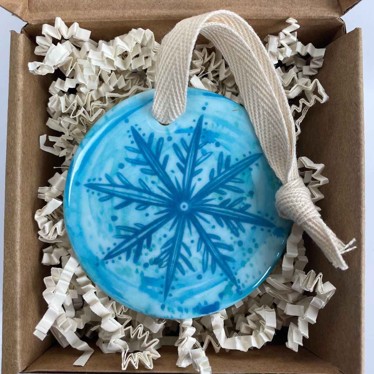 KRAFT BOX-Ceramic Ornament with Turquoise Blue Snowflake Print