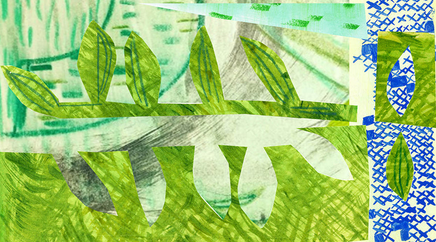 painted paper collage image of green texture, 2 tone green cutout leaves and blue cross stitch painted marks