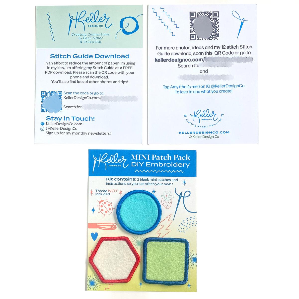 Keller Design Co embroidery kit with patch pack and stitch guide download on a white background