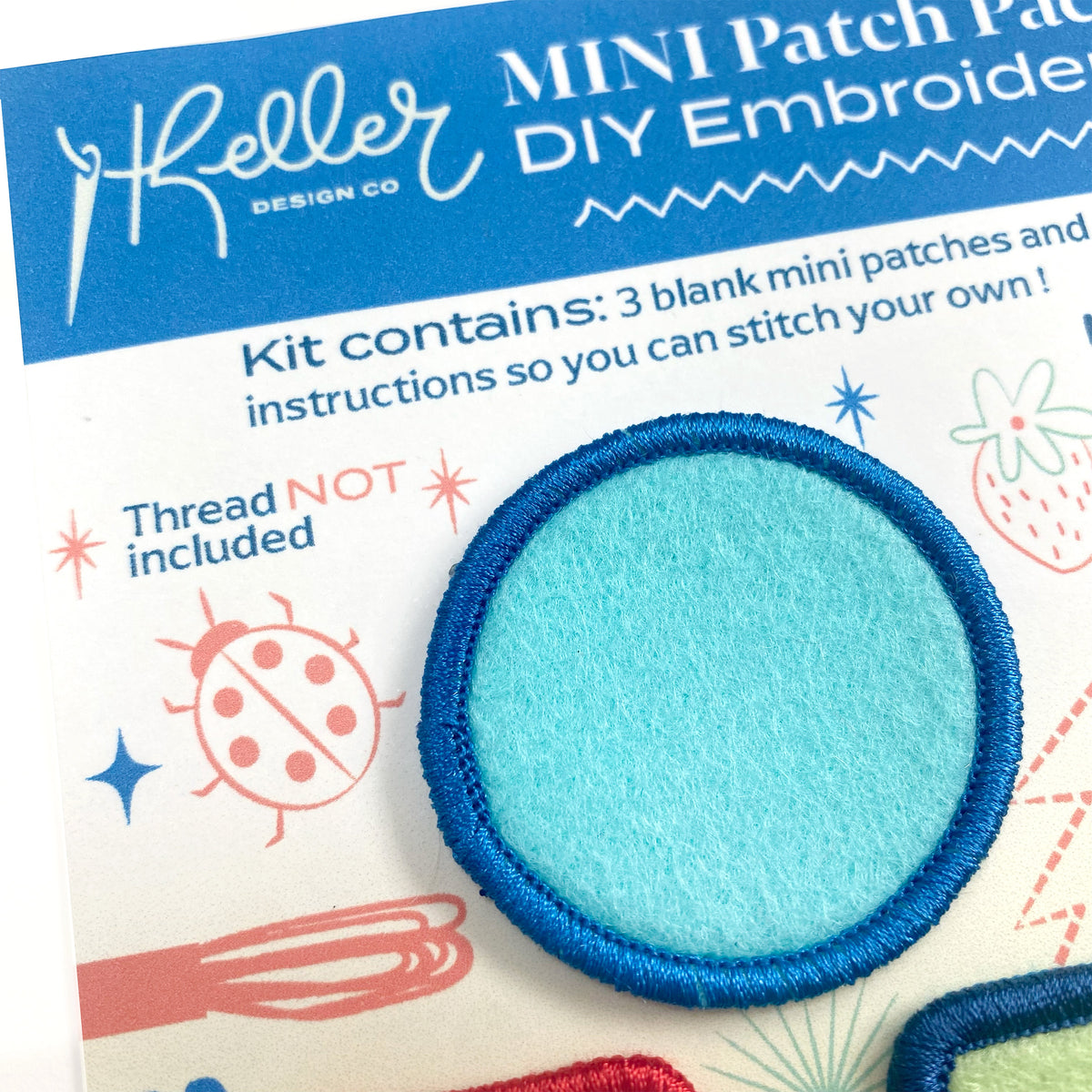 Keller Design Co. DIY Embroidery patch kit with a blue patch on a colorful background