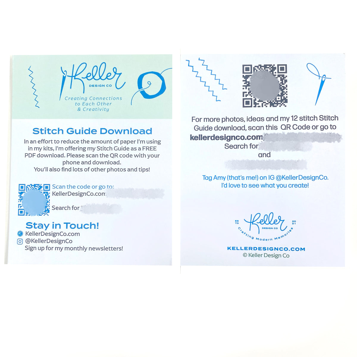 Stitch guide download card with Keller Design Co branding and QR code.