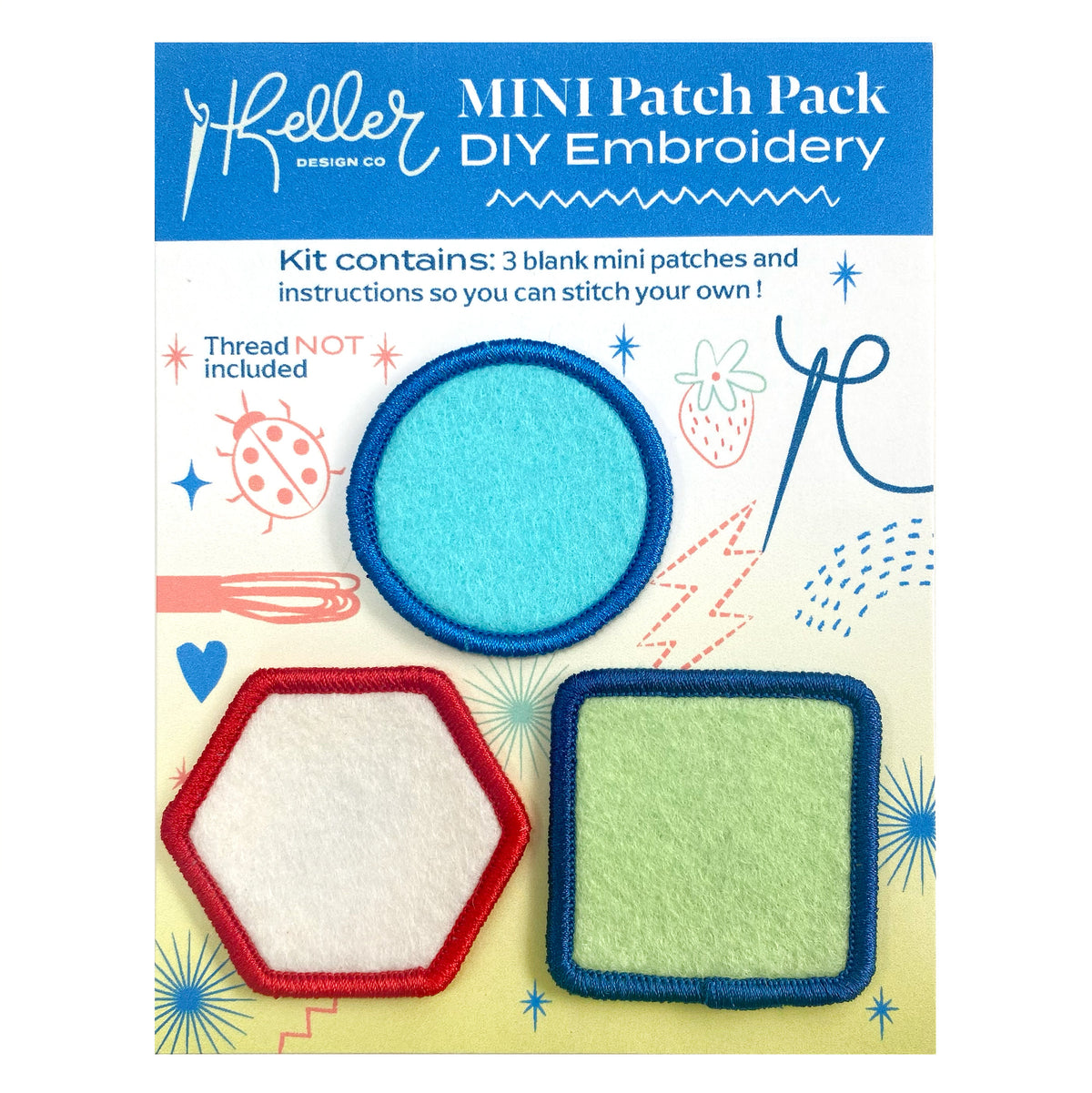 Keller Design Co. mini patch pack DIY embroidery kit packaging with three blank patches.