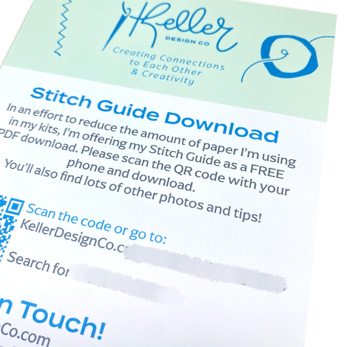 Keller Design Co. stitch guide download flyer with QR code and website information.