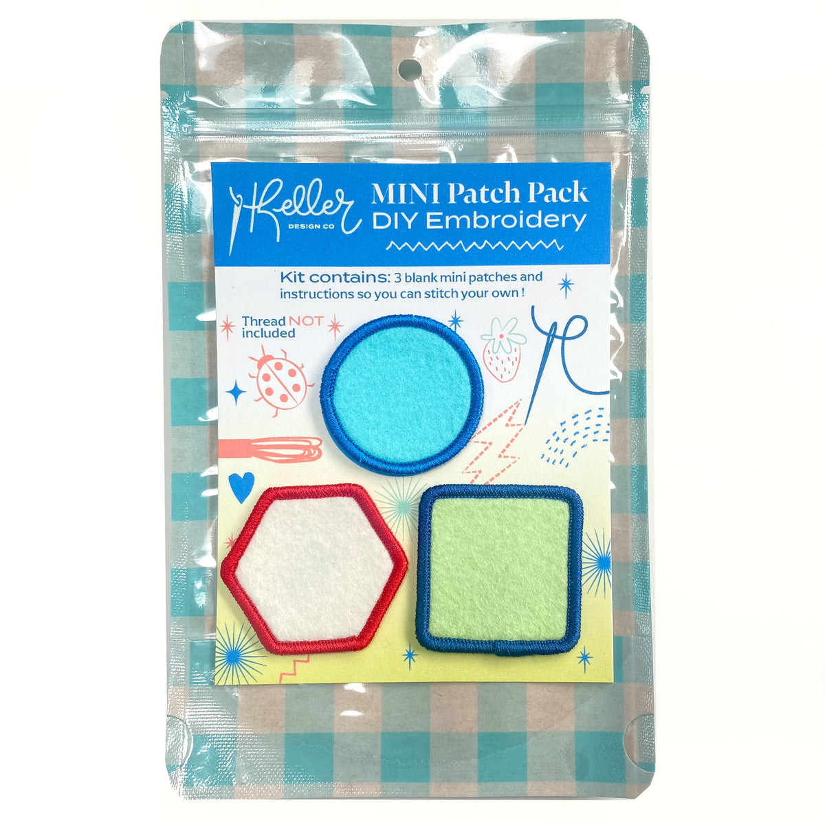 Mini patch pack showing 3 mini blank patches and packaging. No thread, no needles are included in this one. 