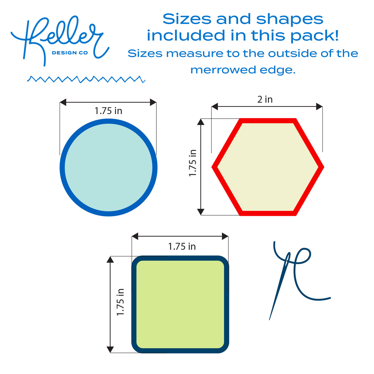 Measurement chart showing circle, hexagon, and square shapes with dimensions and Keller Design Co. branding.