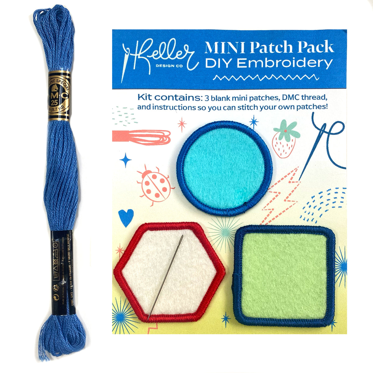 Embroidery kit with blue thread and patches on a white background