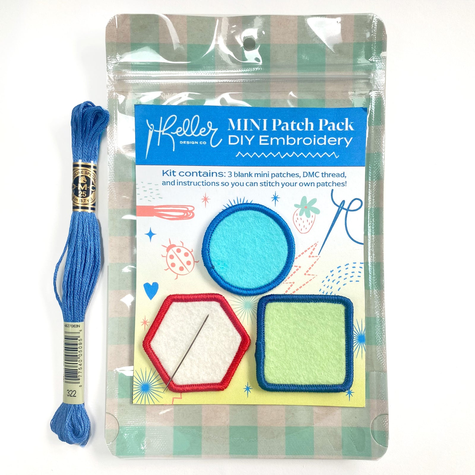 Heller Mini Patch Pack DIY Embroidery kit with blue thread and patches on a white background
