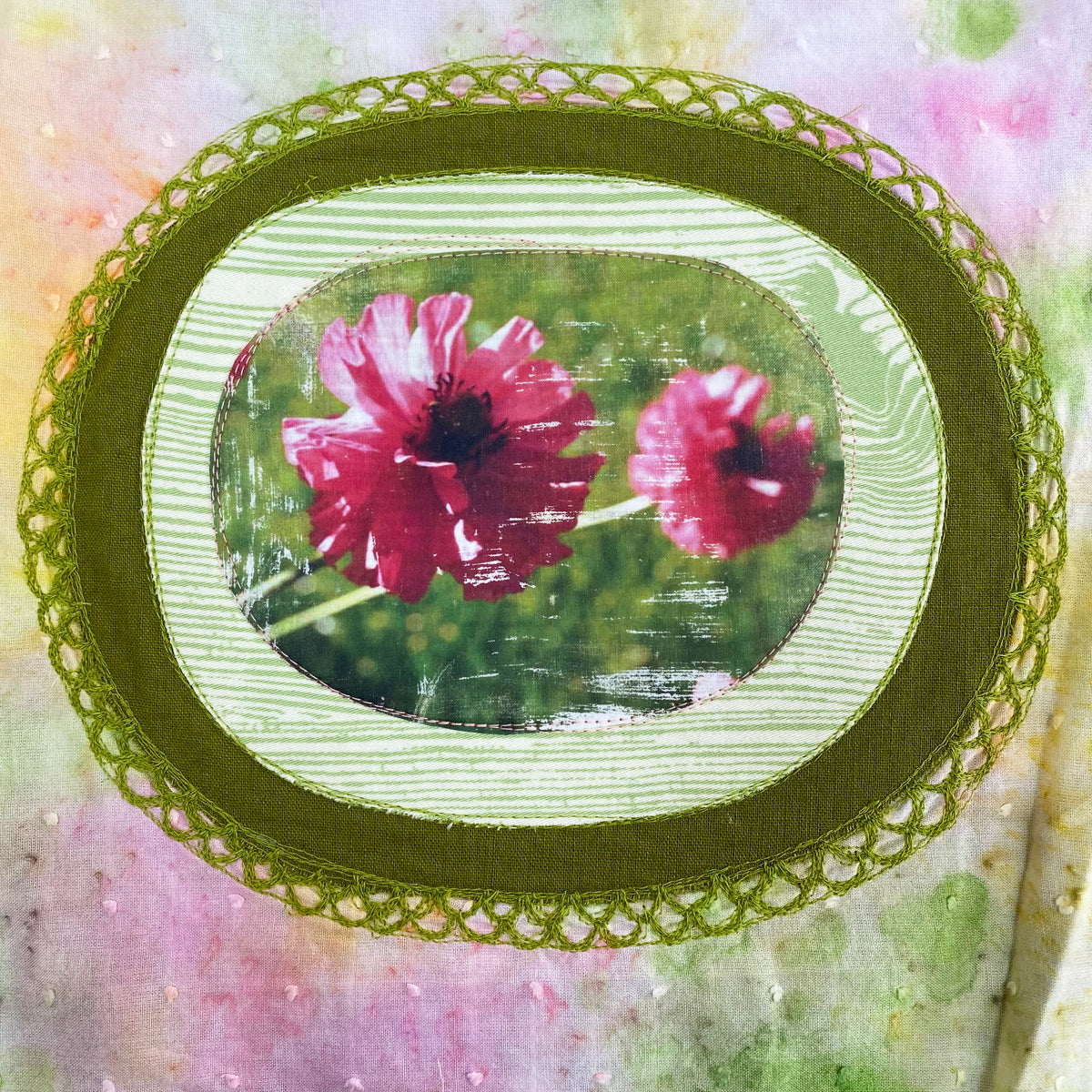 Keller Original Art- Fabric Collage with Floral Transfer