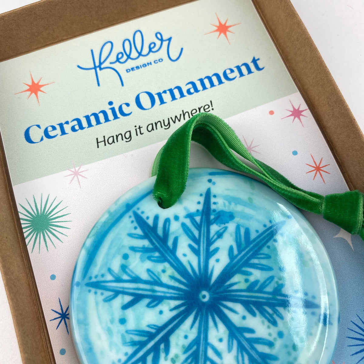 Ceramic Ornament with Turquoise Blue Snowflake Print