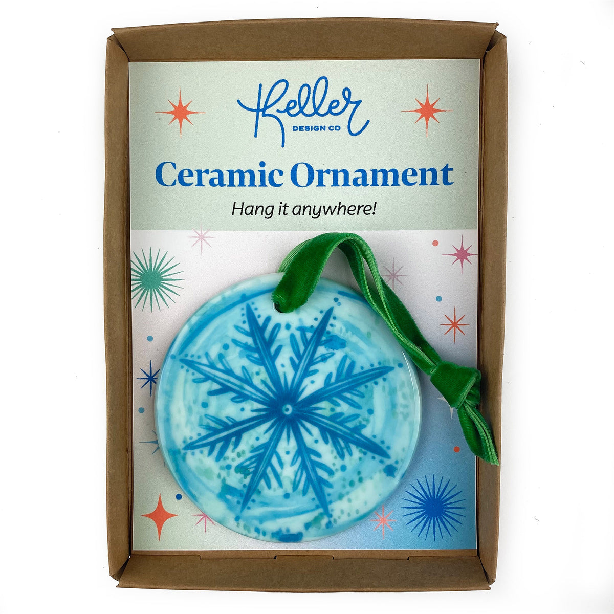 Ceramic Ornament with Turquoise Blue Snowflake Print