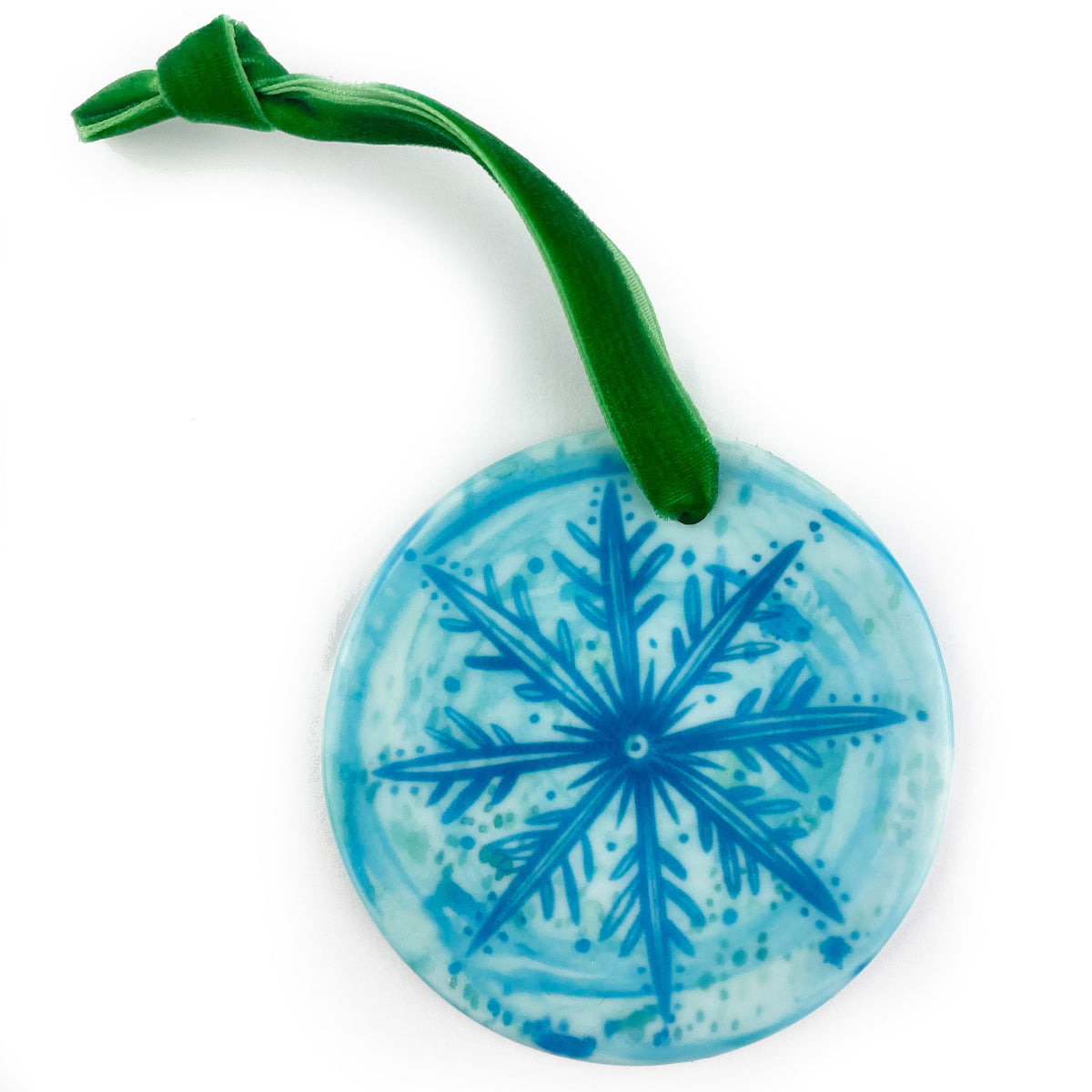 Ceramic Ornament with Turquoise Blue Snowflake Print