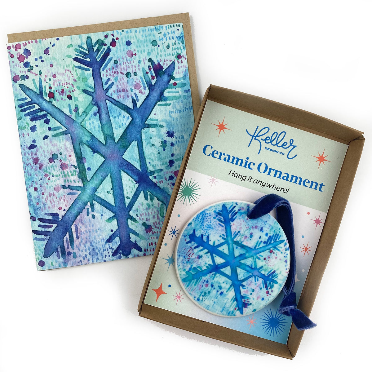 Ceramic Ornament with Blue Snowflake Print