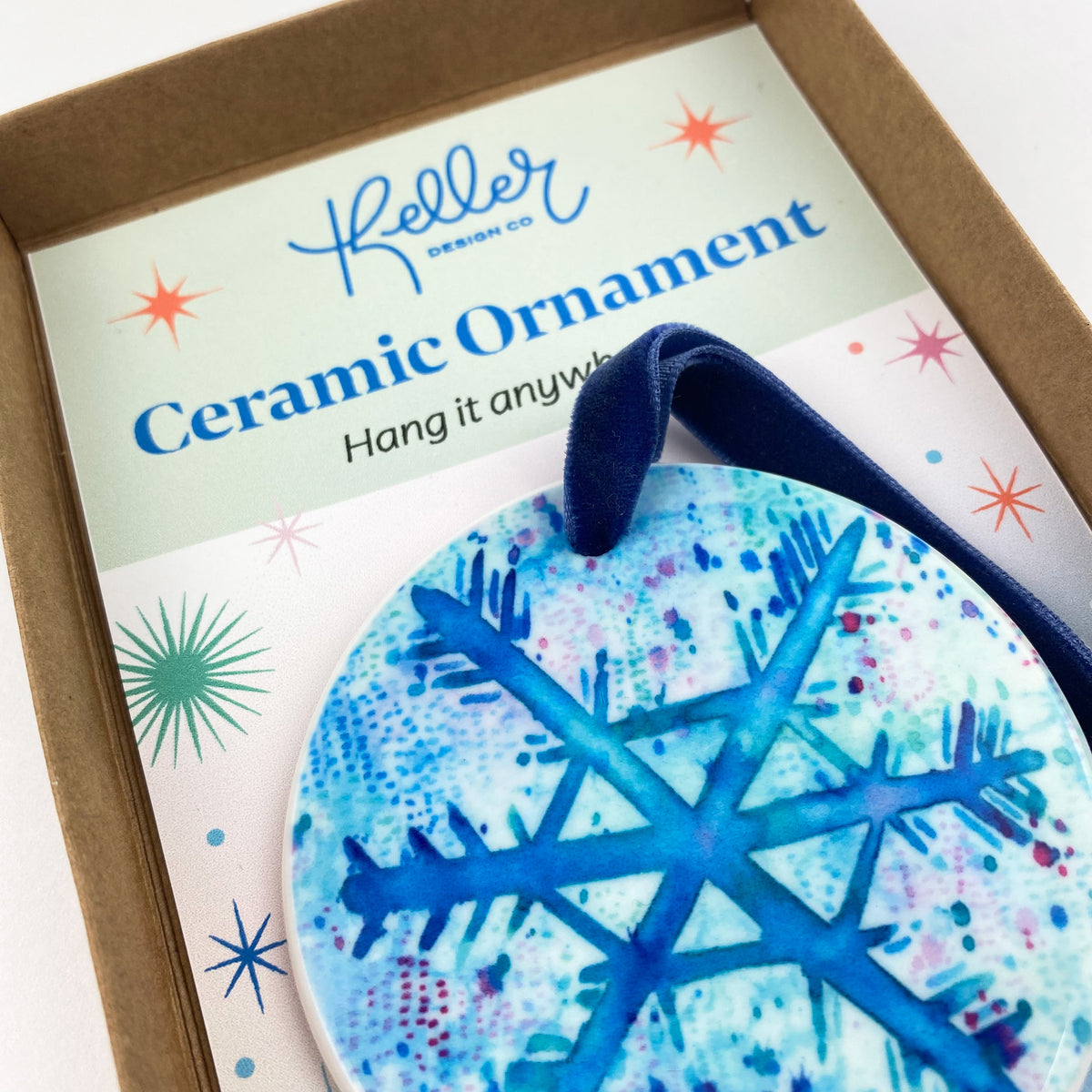 Ceramic Ornament with Blue Snowflake Print