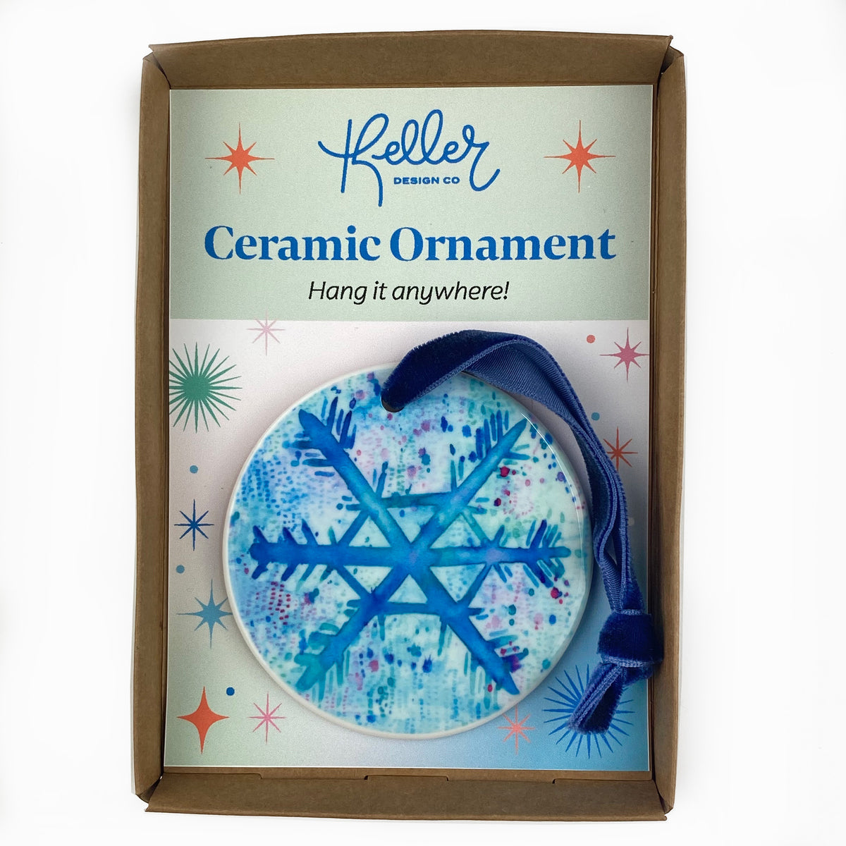 Ceramic Ornament with Blue Snowflake Print