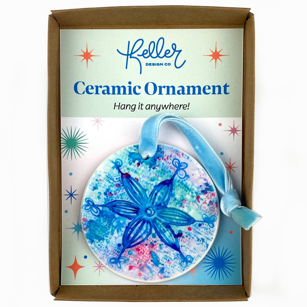 Ceramic Ornament with Blue Snowflake Print