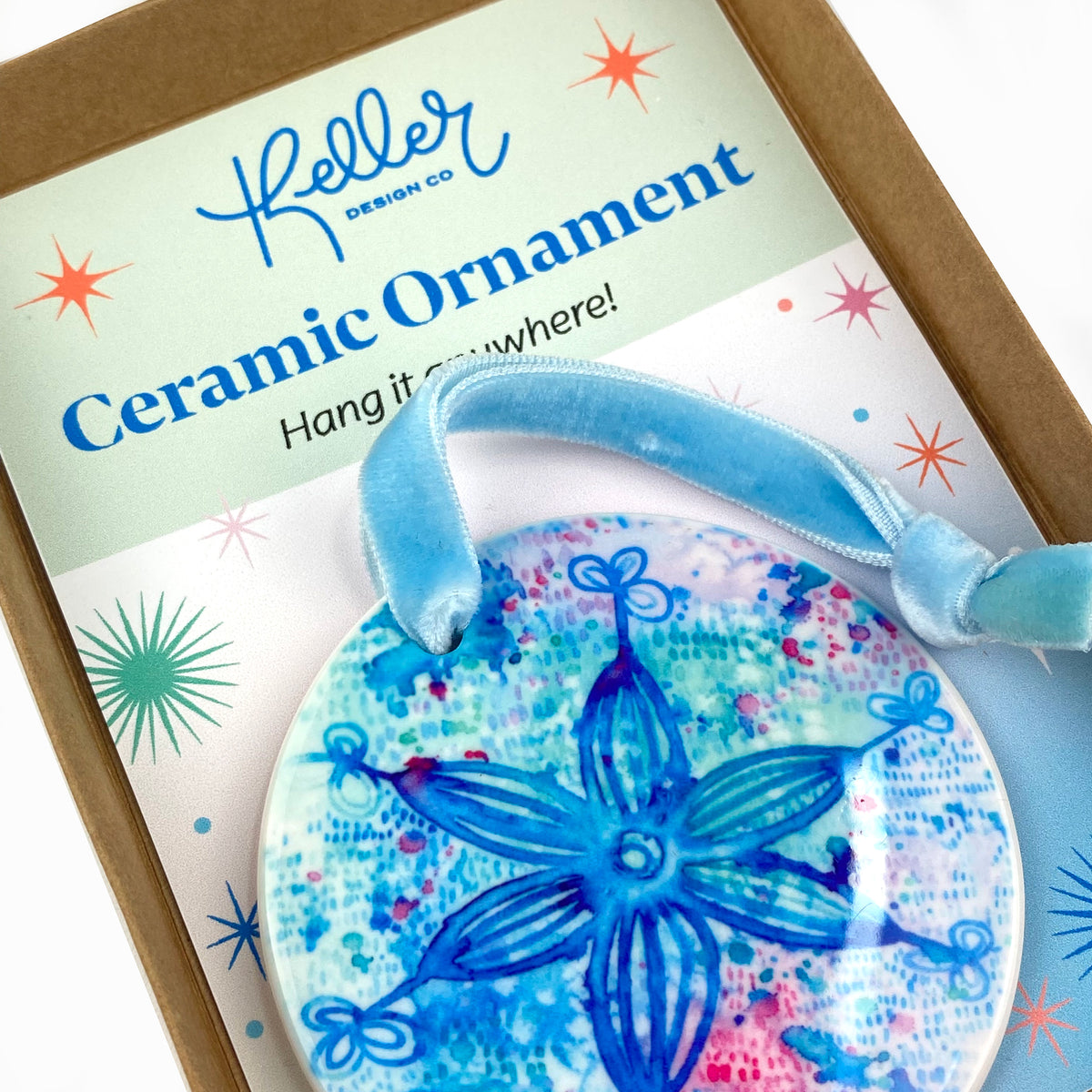 Ceramic Ornament with Blue Snowflake Print