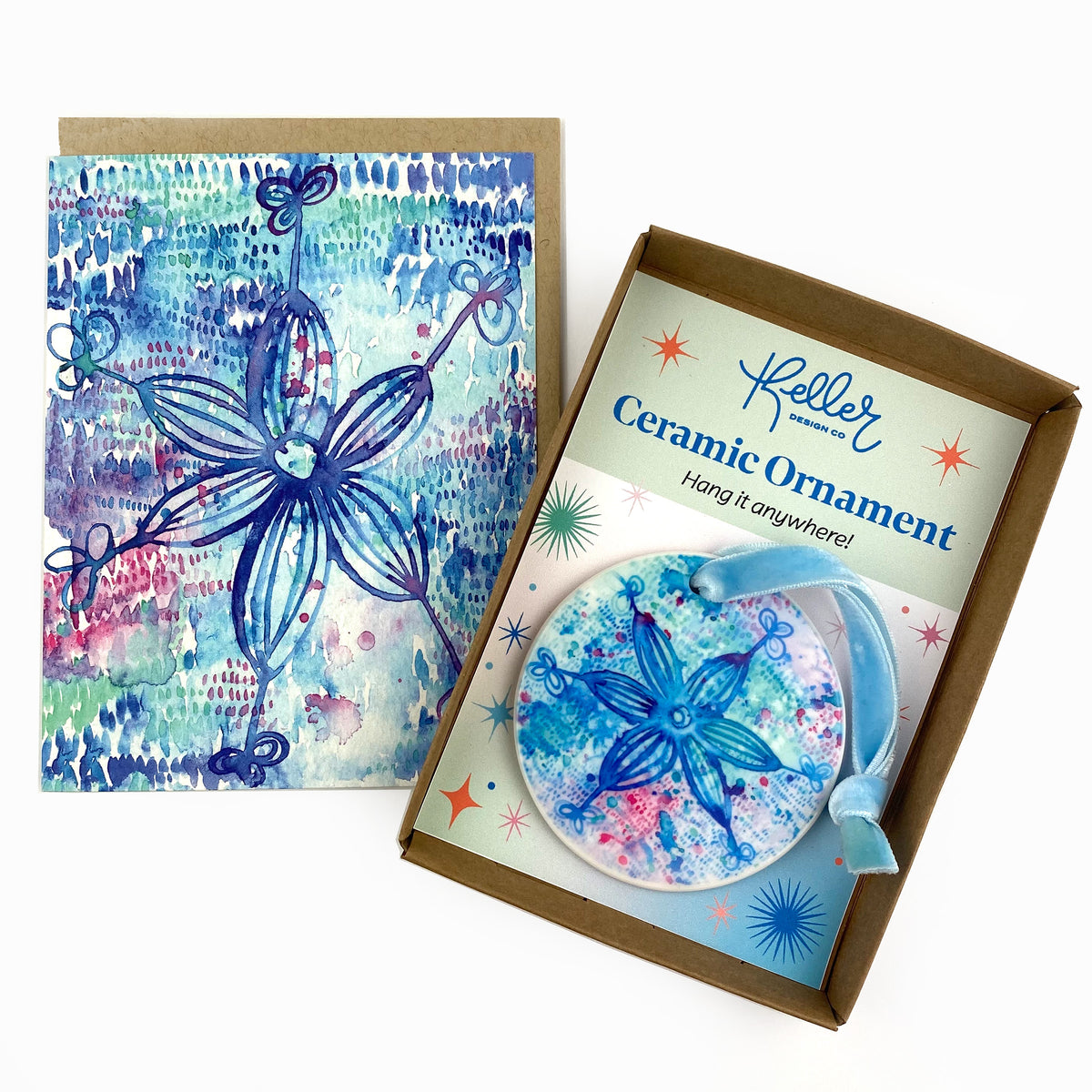 Ceramic Ornament with Blue Snowflake Print
