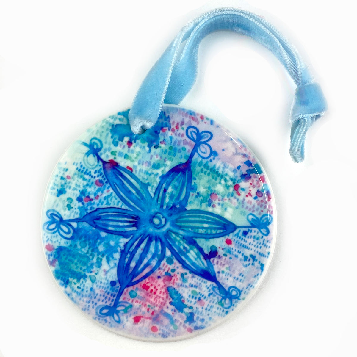 Ceramic Ornament with Blue Snowflake Print