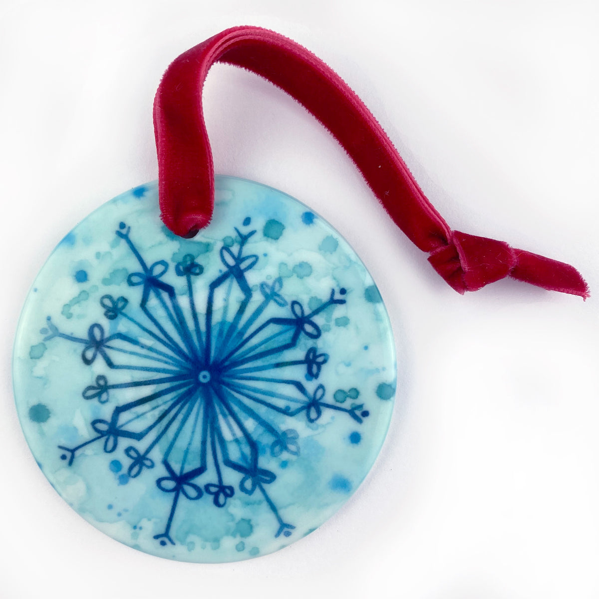 Ceramic Ornament with Turquoise Blue Snowflake Print