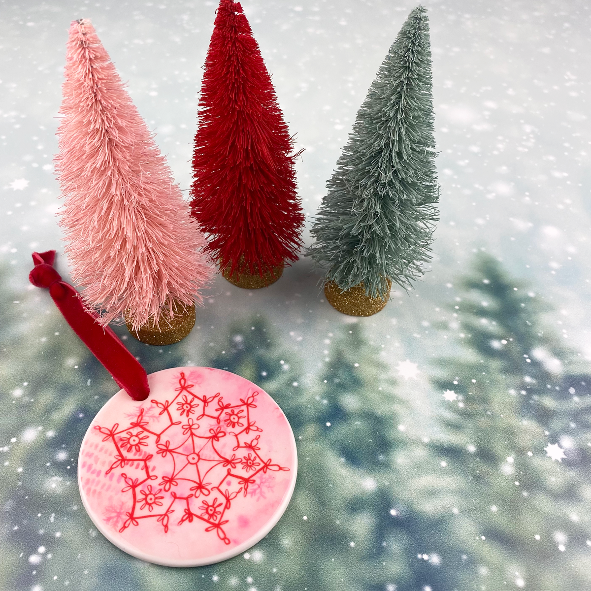 Ceramic Ornament with Red Snowflake Print