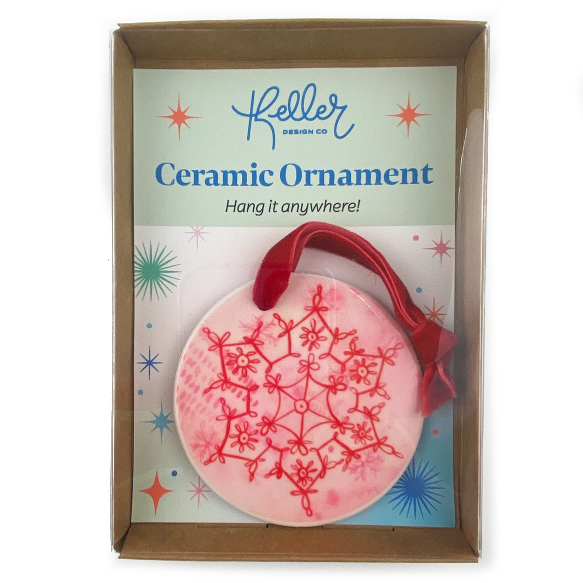 Ceramic Ornament with Red Snowflake Print