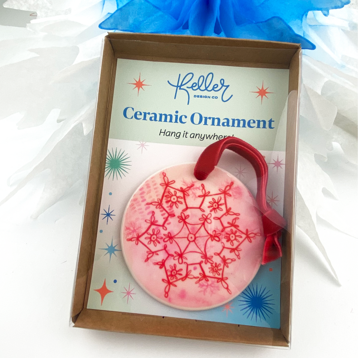 Ceramic Ornament with Red Snowflake Print