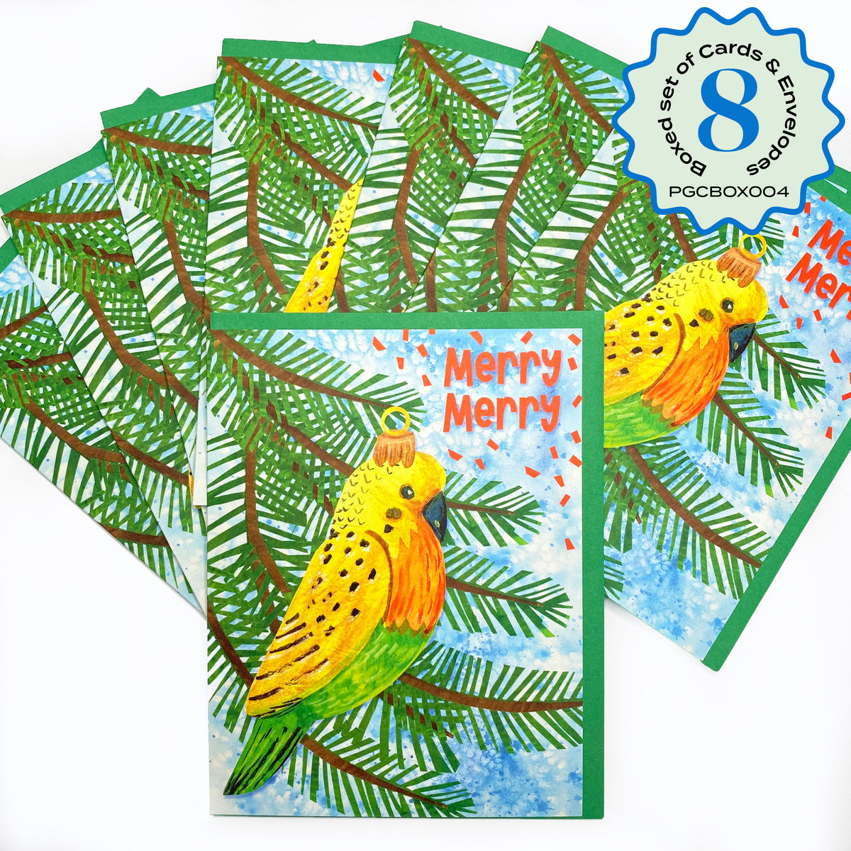 Boxed Set of 8 Cards-Merry Merry Parakeet Ornament Greeting Cards