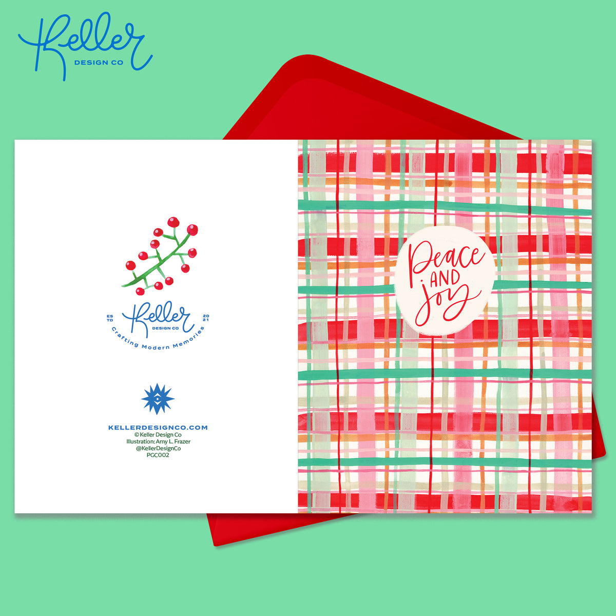 Boxed Set of 8 Cards-Peace and Joy (Pink/ Green) Plaid Greeting Cards