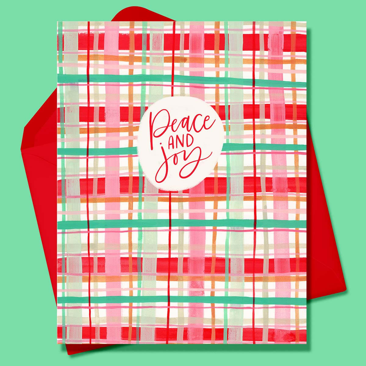 Boxed Set of 8 Cards-Peace and Joy (Pink/ Green) Plaid Greeting Cards