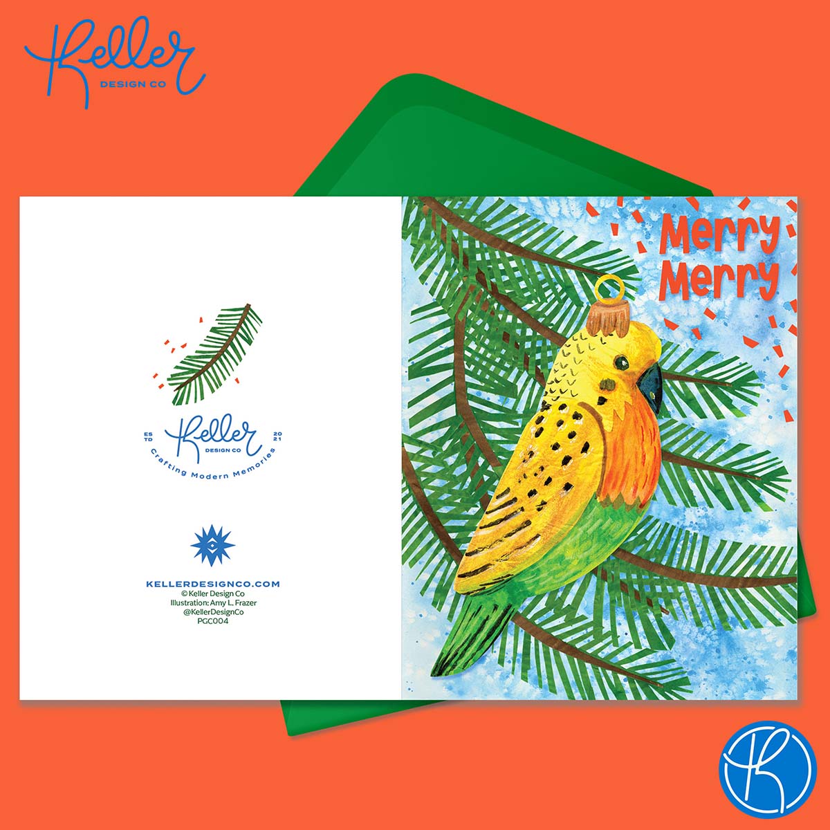 Boxed Set of 8 Cards-Merry Merry Parakeet Ornament Greeting Cards