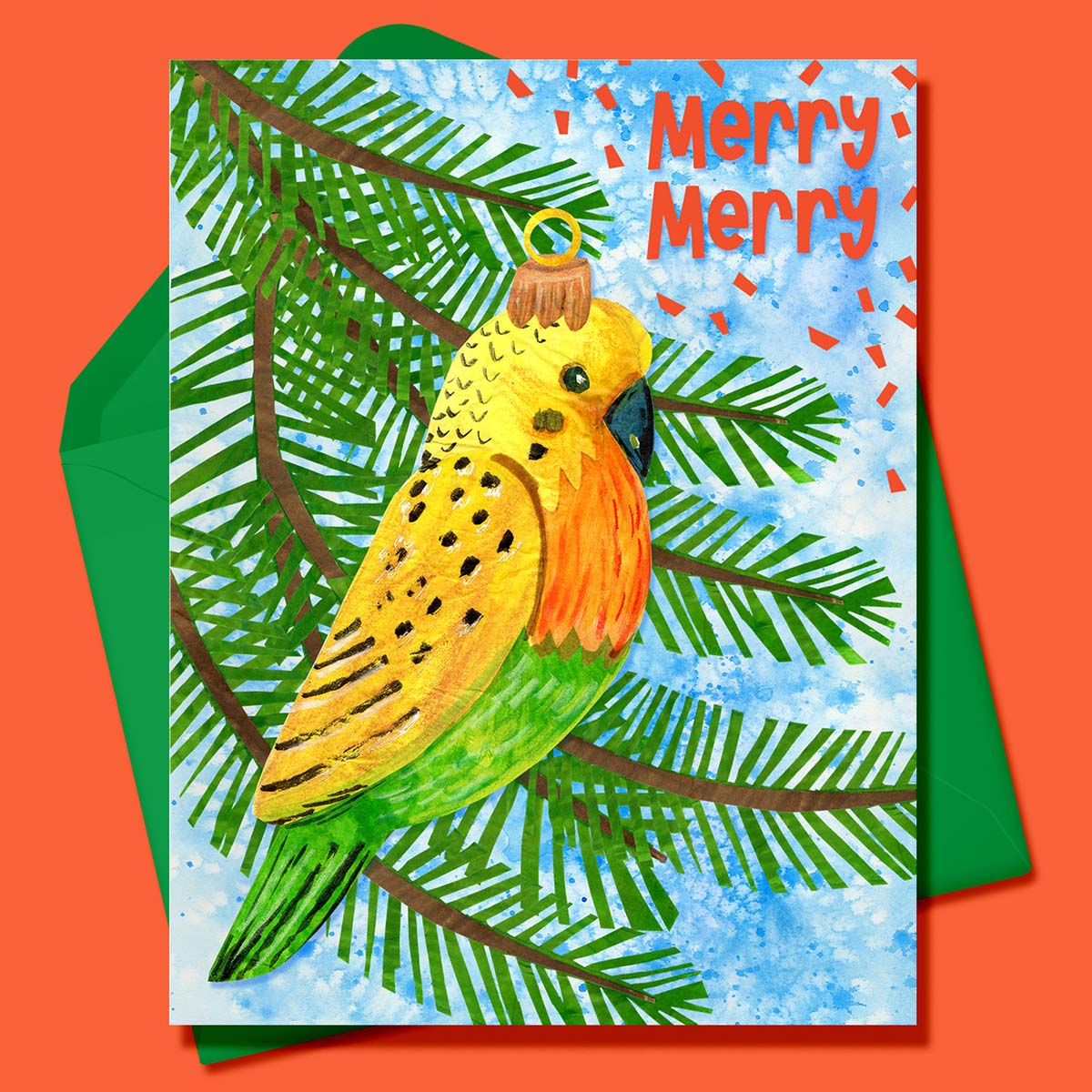 Boxed Set of 8 Cards-Merry Merry Parakeet Ornament Greeting Cards