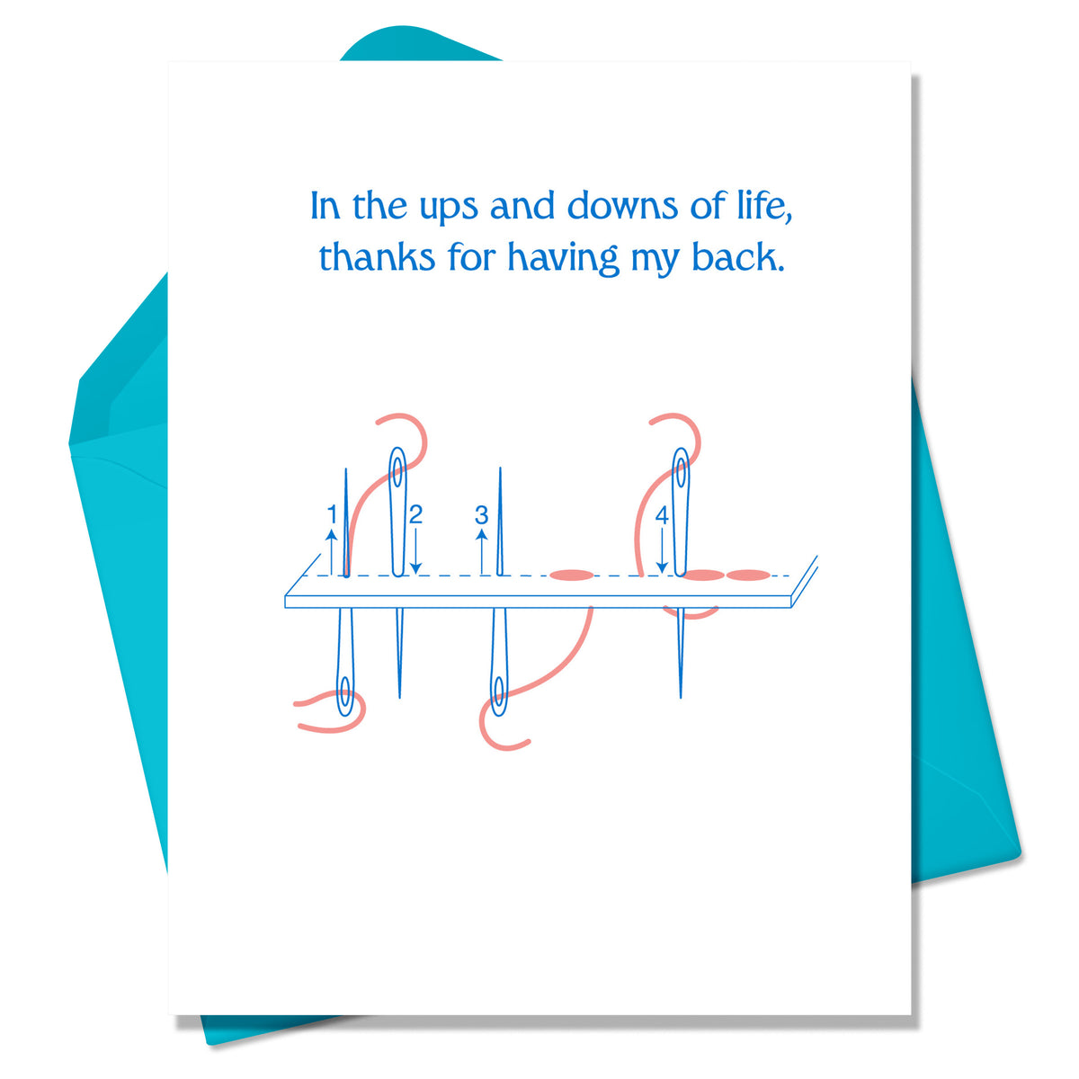 White greeting card with text that says In the ups and downs of life, thanks for having my back.  Drawing of an embroidery needle making a backstitch pattern. Card sits on top of a turquoise blue envelope. Keller Design Co. Thank you. 