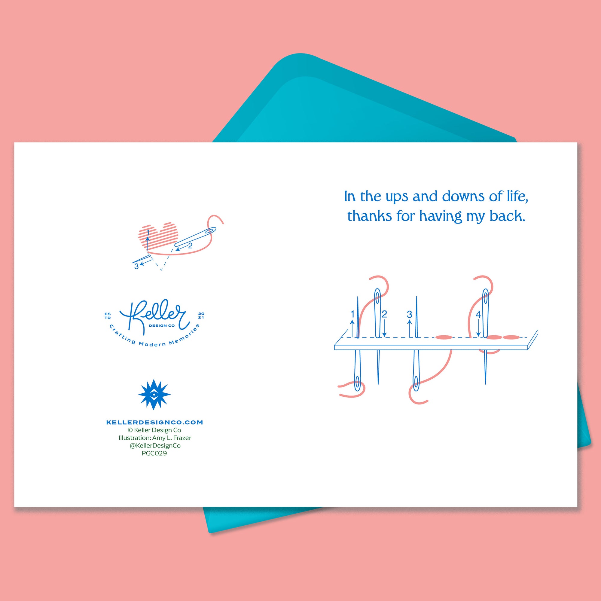 White greeting card with text that says In the ups and downs of life, thanks for having my back.  Drawing of an embroidery needle making a backstitch pattern. Card sits on top of a turquoise blue envelope. Keller Design Co. Thank you. 