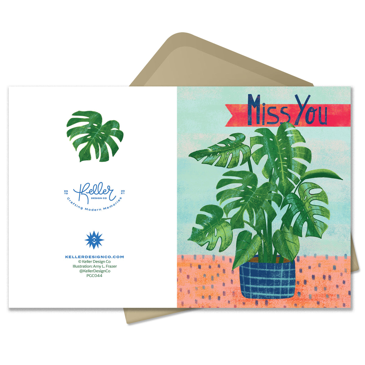 Illustration of a Monstera Plant on a light blue background, planted in a blue pot. Miss You is dark blue on a red background in hand lettered type. 