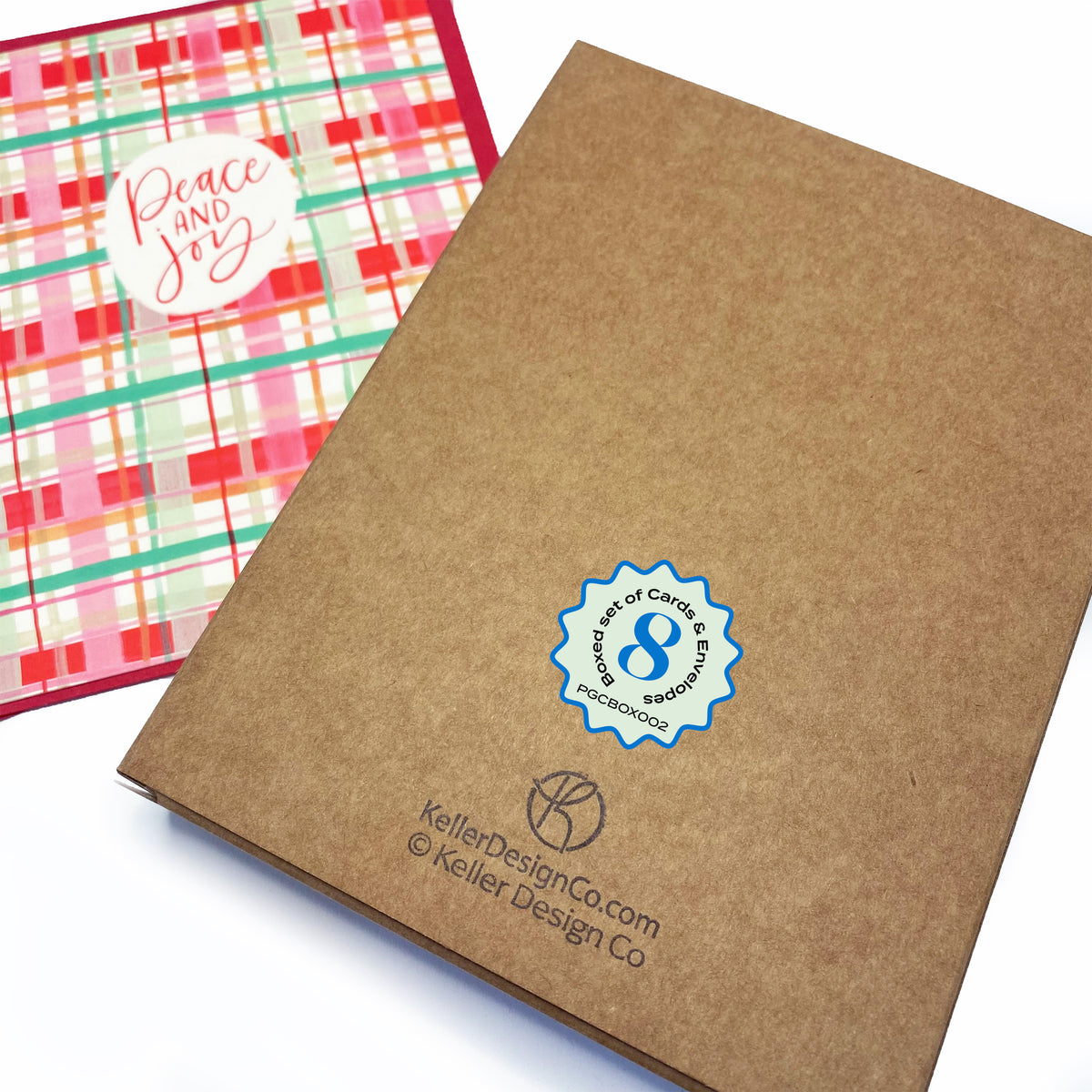 Boxed Set of 8 Cards-Peace and Joy (Pink/ Green) Plaid Greeting Cards